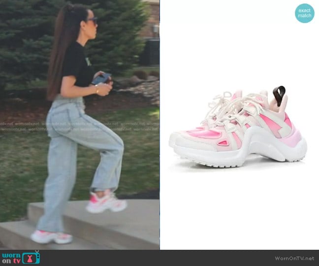 Louis Vuitton Calfskin Technical Nylon LV Archlight Sneaker in White/Pink worn by Angie Katsanevas on The Real Housewives of Salt Lake City