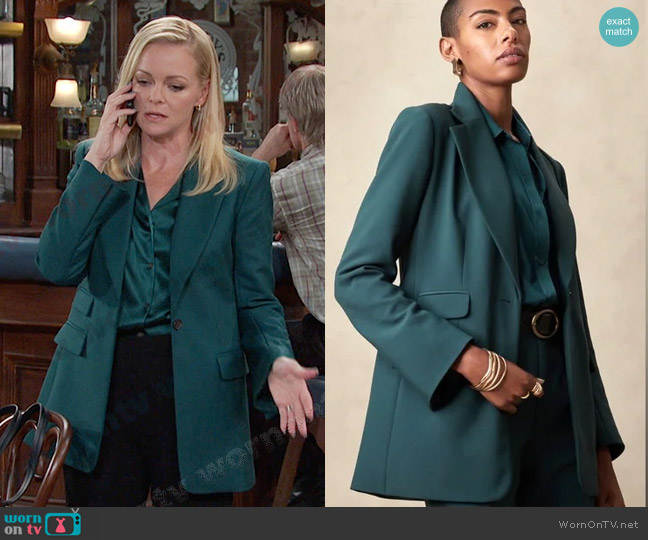 Banana Republic Riding Jacket in Luxury Teal worn by Belle Brady (Martha Madison) on Days of our Lives