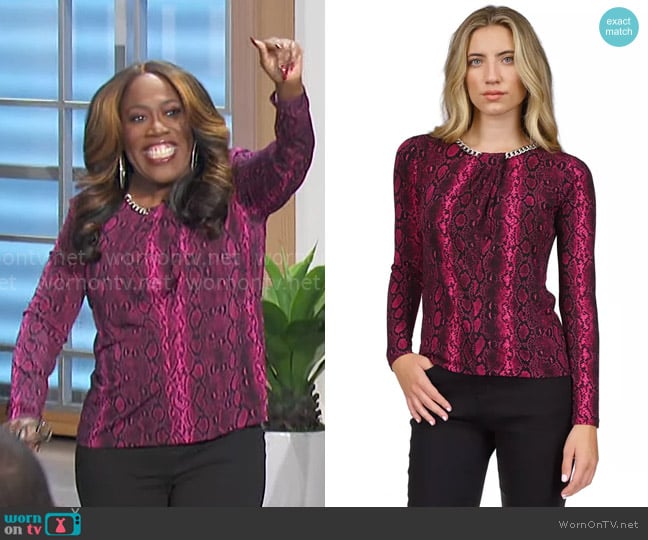 MICHAEL Michael Kors Snake-Print Chain-Neck Top in Deep Fuchsia worn by Sheryl Underwood on The Talk