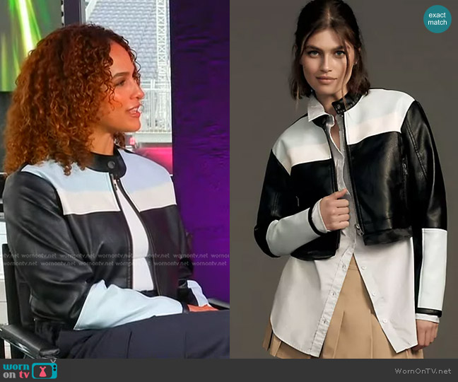 Maeve Cropped Colorblock Biker Jacket worn by Jessica Sims on Good Morning America