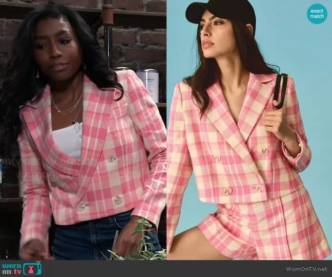 Maeve at Anthropologie Cropped Double Breasted Jacket worn by Trina Robinson (Tabyana Ali) on General Hospital