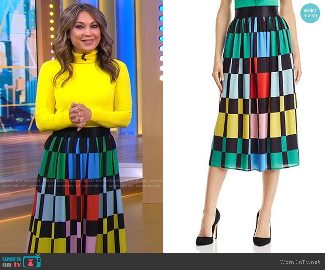 Alice + Olivia Melda Geometric Print Midi Skirt worn by Ginger Zee on Good Morning America