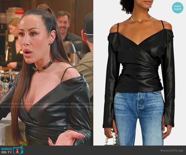 Nanushka Elanor Off-the-Shoulder Vegan Leather Shirt worn by Angie Katsanevas on The Real Housewives of Salt Lake City