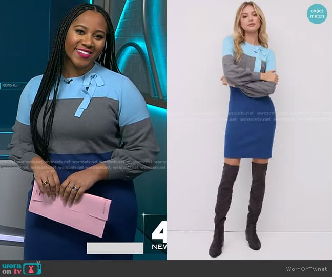 New York & Company Colorblock Bow-Front Sweater Dress worn by Kay Angrum on NBC News Daily