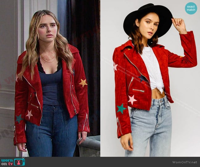 Trescool Faux Suede Star Moto Jacket worn by Holly Jonas  (Ashley Puzemis) on Days of our Lives