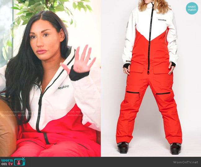 Oneskee Mark VII Insulated Snowsuit in Red/White worn by Monica Garcia on The Real Housewives of Salt Lake City