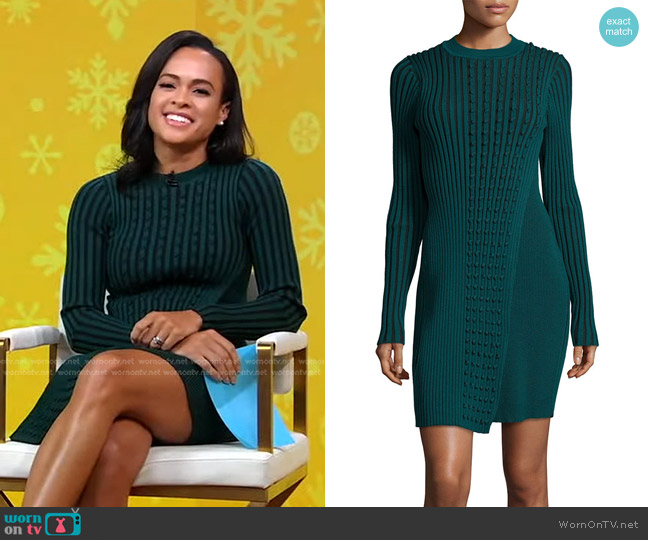 Opening Ceremony Ribbed Faux-Wrap Sweaterdress in Fern Green worn by Linsey Davis on Good Morning America