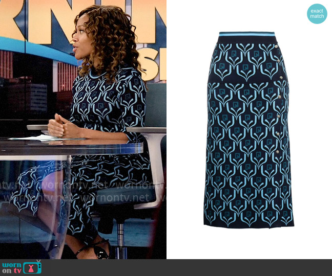 Chris’s blue monogram print skirt on The Morning Show
