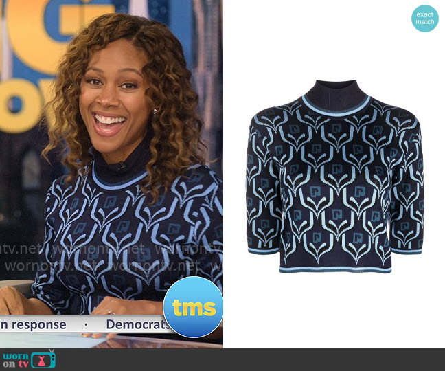 Chris’s blue monogram print sweater on The Morning Show