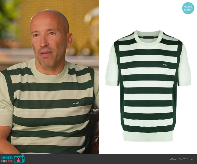 Prada Logo-Print Striped T-Shirt worn by Jason Oppenheim on Selling Sunset