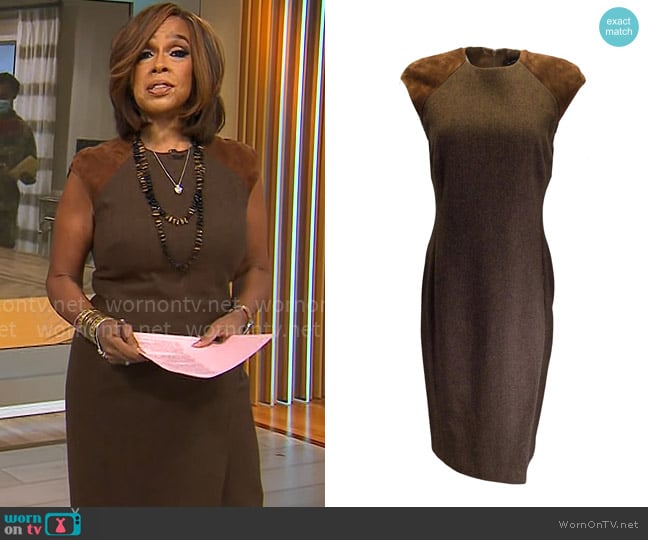 Ralph Lauren Black Label Suede Trimmed Cashmere and Wool Tweed Dress worn by Gayle King on CBS Mornings