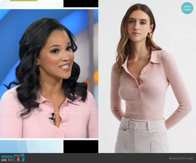 Reiss Sienna Polo Shirt in Blush worn by Laura Jarrett on Today