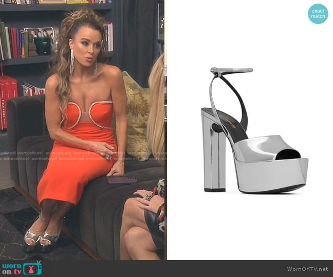 Saint Laurent Jodie Patent Leather Platform Sandals worn by Kyle Richards on The Real Housewives of Beverly Hills