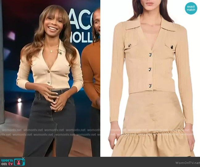 Sandro Hind Rib Pointelle Crop Cardigan worn by Zuri Hall on Access Hollywood