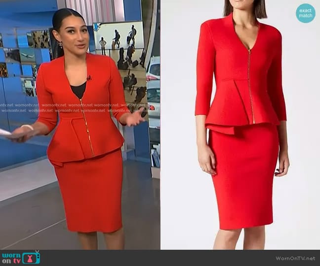 Scanlan Theodore Crepe Knit Drape Peplum Jacket and Skirt worn by Morgan Radford on NBC News Daily