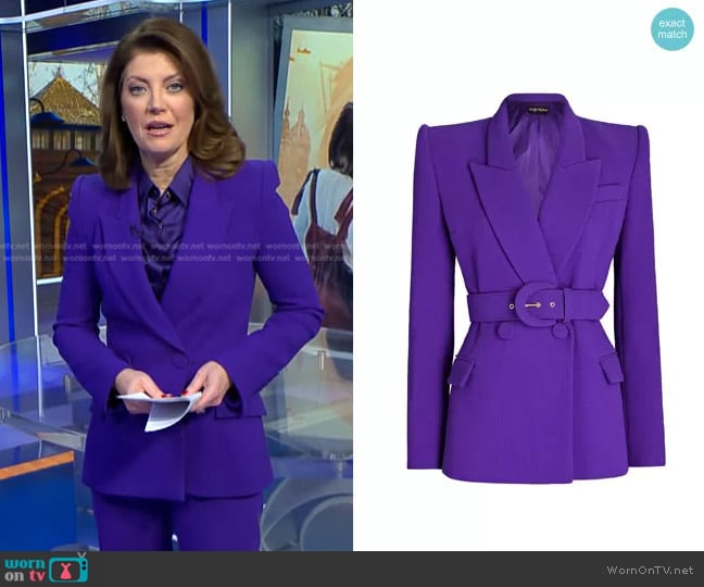 Sergio Hudson Mini Dress with Velvet Detail in Deep Purple worn by Norah O'Donnell on CBS Evening News