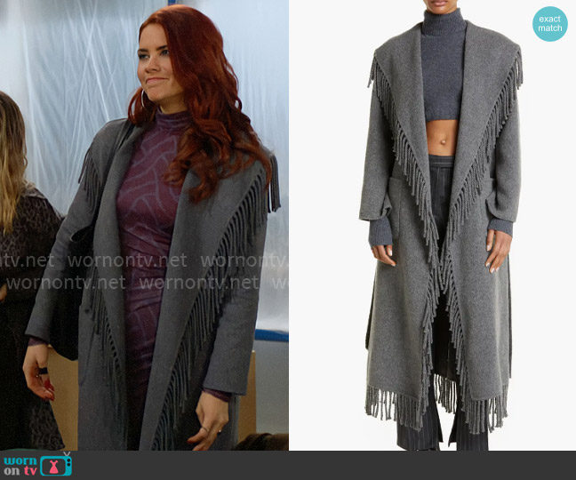 Simkhai Carrie Fringe Wool Blend Robe Coat worn by Sally Spectra (Courtney Hope) on The Young and the Restless