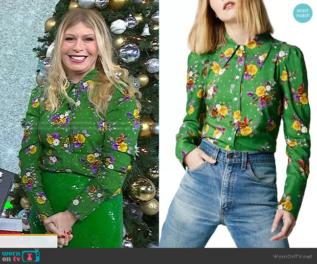 Smythe Floral Print Metallic Box Pleat Shirt in Kelly Green Multi worn by Jill Martin on Today