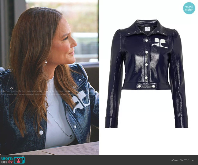 Meredith’s navy cropped jacket on The Real Housewives of Salt Lake City