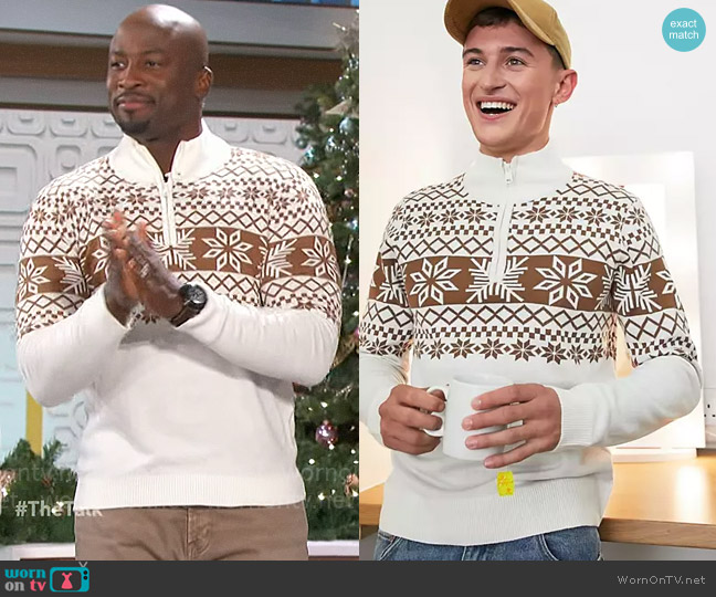 Threadbare Fairisle quarter zip christmas sweater in ecru worn by Akbar Gbajabiamila on The Talk