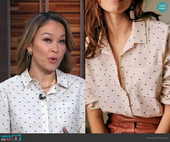 Sezane Tomboy Shirt in Ecru / Blue Dots worn by Eva Pilgrim on Good Morning America