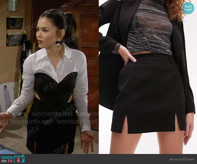 Topshop Tailored side split mini skirt in black worn by Luna (Lisa Yamada) on The Bold and the Beautiful