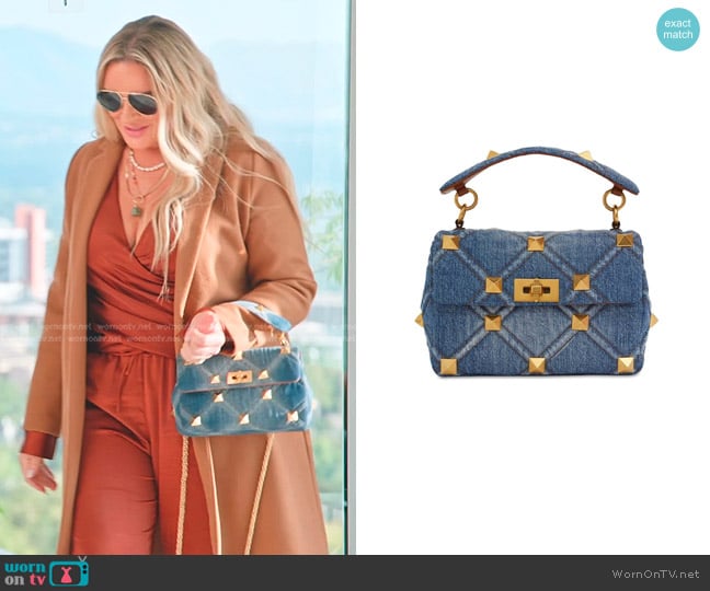 Valentino Garavani Medium Roman Stud Shoulder Bag in Light Denim & Selleria worn by Heather Gay on The Real Housewives of Salt Lake City