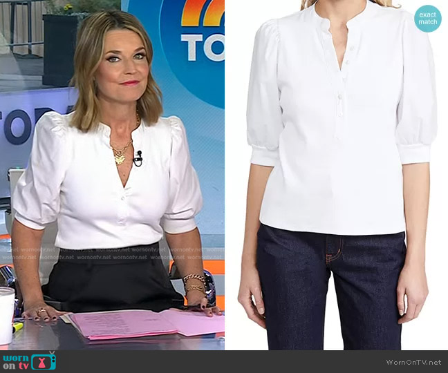 WornOnTV: Savannah’s white puff sleeve top and black midi skirt on ...