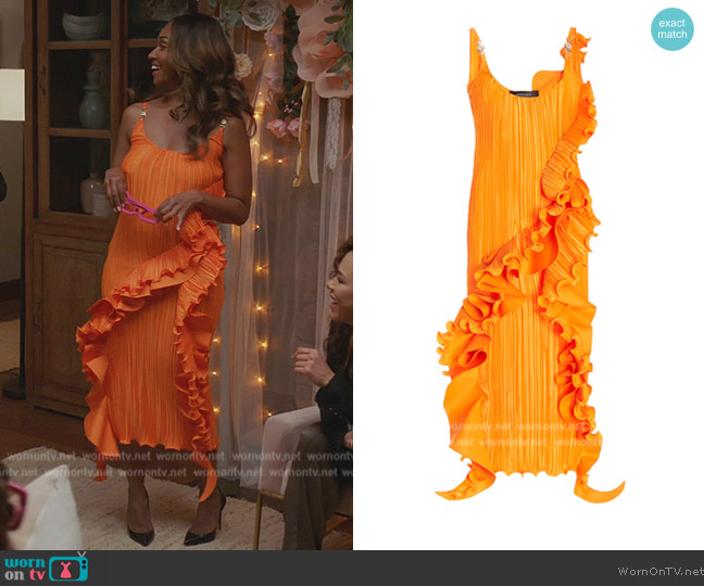 Versace Ruffled Plissé Midi Dress worn by Rachel Audubon (Michelle Bathe) on All Rise