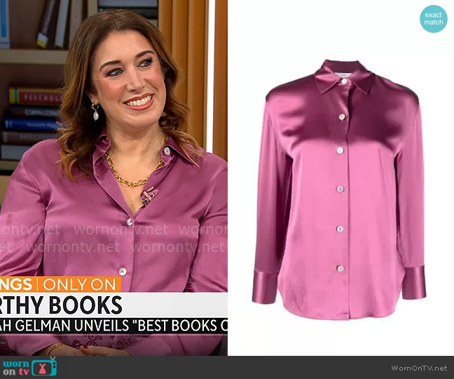 Vince Relaxed Button-Up Silk Blouse in Camellia worn by Sarah Gelman on CBS Mornings