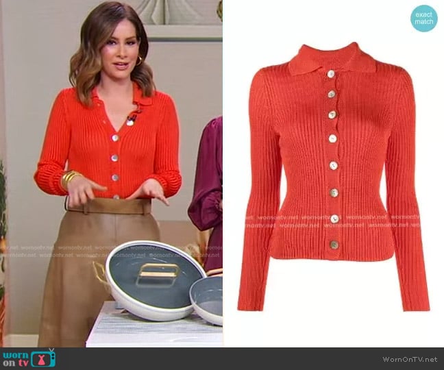 Vince Ribbed Collar Cardigan Sweater worn by Rebecca Jarvis on Good Morning America