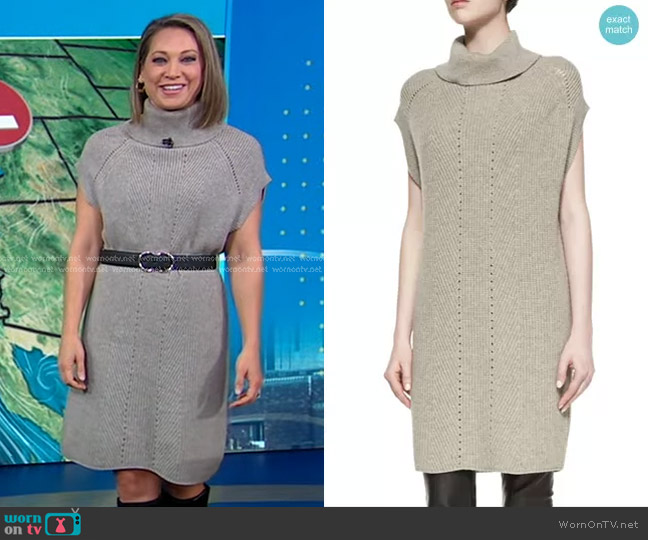 Vince Ribbed Turtleneck Sweaterdress in Heather Almond worn by Ginger Zee on Good Morning America