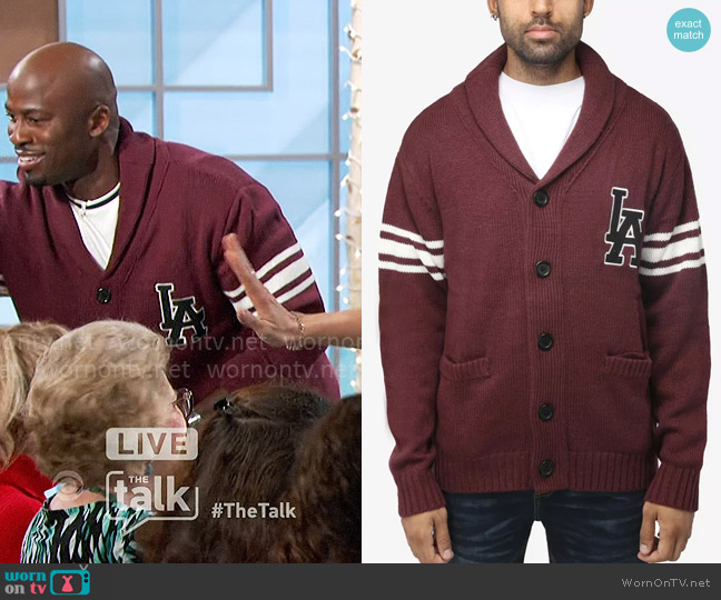 X Ray Shawl Collar Heavy Gauge Cardigan with City Patch worn by Akbar Gbajabiamila on The Talk