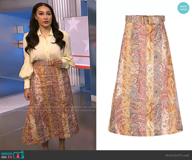 Zimmermann Luminosity Paisley-Print A-Line Midi Skirt worn by Morgan Radford on NBC News Daily