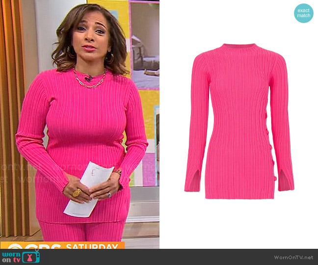 Adam Lippes Collective Pink Ribbed Sweater worn by Michelle Miller on CBS Mornings