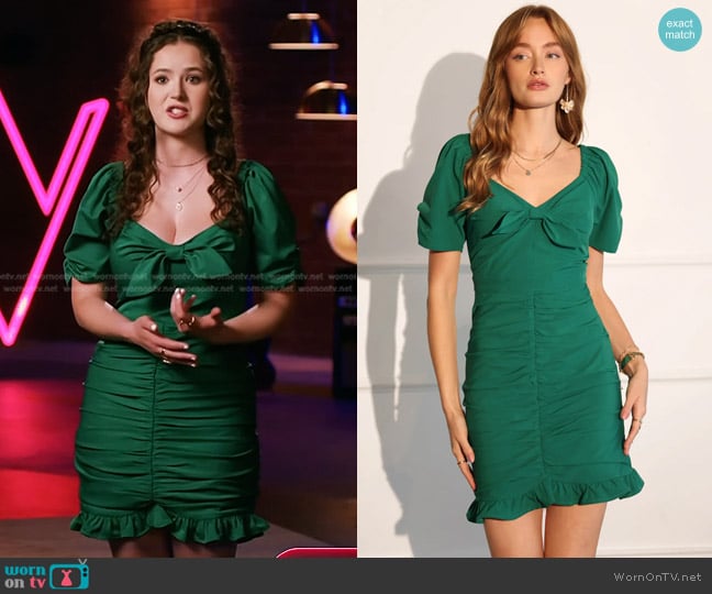 Adelyn Rae Bowie Ruched Crepe Mini Dress in Sea Green worn by Alison Albrecht on The Voice