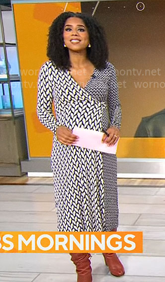 Adriana Diaz's mixed print maternity wrap dress on CBS Mornings