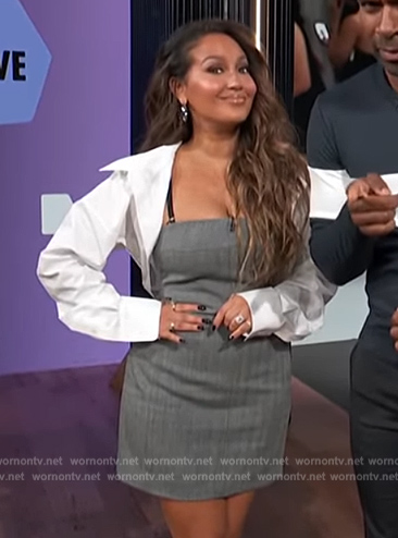 Adrienne's gray mini dress and overshirt on E! News