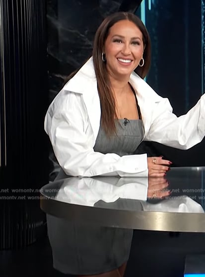 Adrienne’s gray mini dress and overshirt on E! News