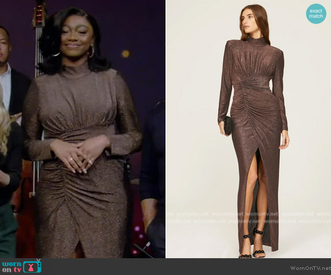 WornOnTV Samara Joy s metallic ruched dress on Live with Kelly