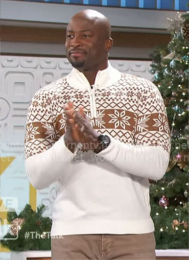 Akbar’s white and brown fair isle sweater on The Talk