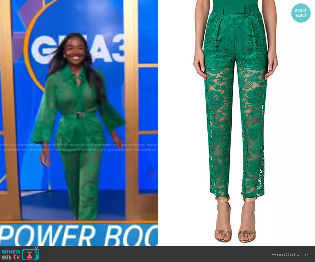 Akris Pleated Lace Trousers in Leaf worn by Patina Miller on Good Morning America