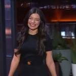 Alex Aster’s black belted mini dress on The Kelly Clarkson Show