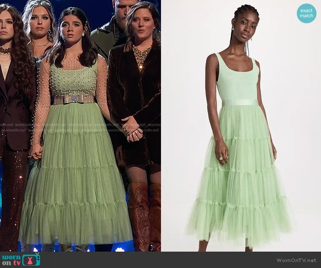 Alice + Olivia Chara Midi Dress in Pistachio worn by Julia Roome on The Voice