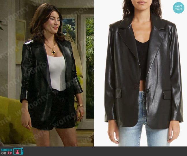 Alice + Olivia Denny Faux Leather Blazer worn by Steffy Forrester (Jacqueline MacInnes Wood) on The Bold and the Beautiful