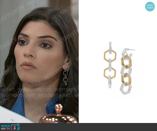 All Saints Two-Tone Pavé Hexagon Link Linear Drop Earrings worn by Brook Lynn Quartermaine (Amanda Setton) on General Hospital