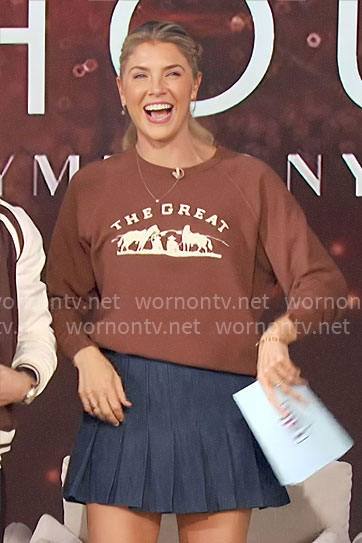Amanda's brown THE GREAT sweatshirt and pleated denim skirt on The Talk