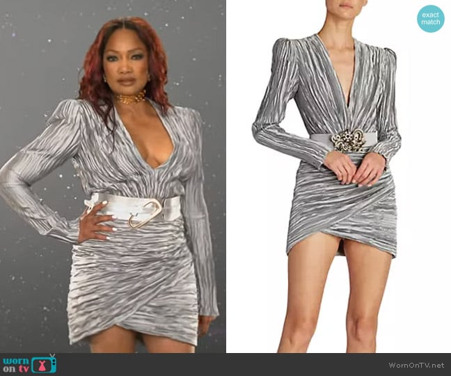 Andrew Gn Pleated Silk Satin Belted Minidress worn by Garcelle Beauvais on The Real Housewives of Beverly Hills