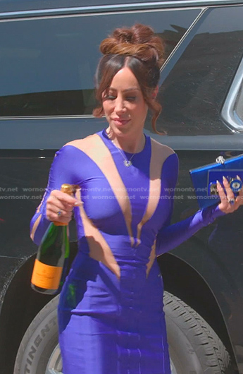 Angie's blue mesh inset dress on The Real Housewives of Salt Lake City