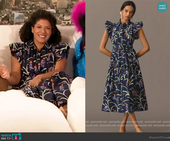 Anthropologie Ruffled Floral Shirt Dress worn by Damona Hoffman on The Drew Barrymore Show